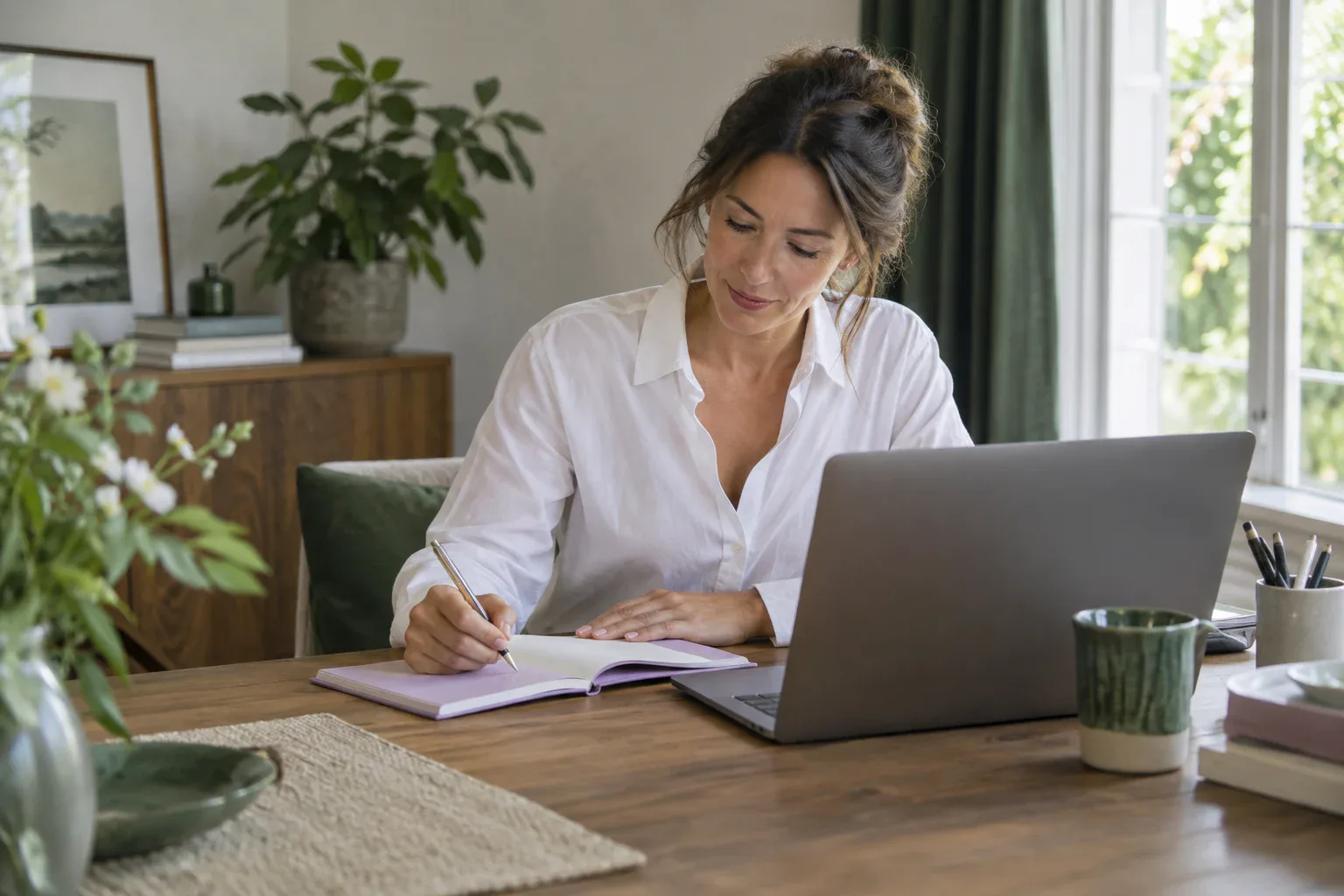 A professional reviewing a notebook beside a laptop in a bright home office.