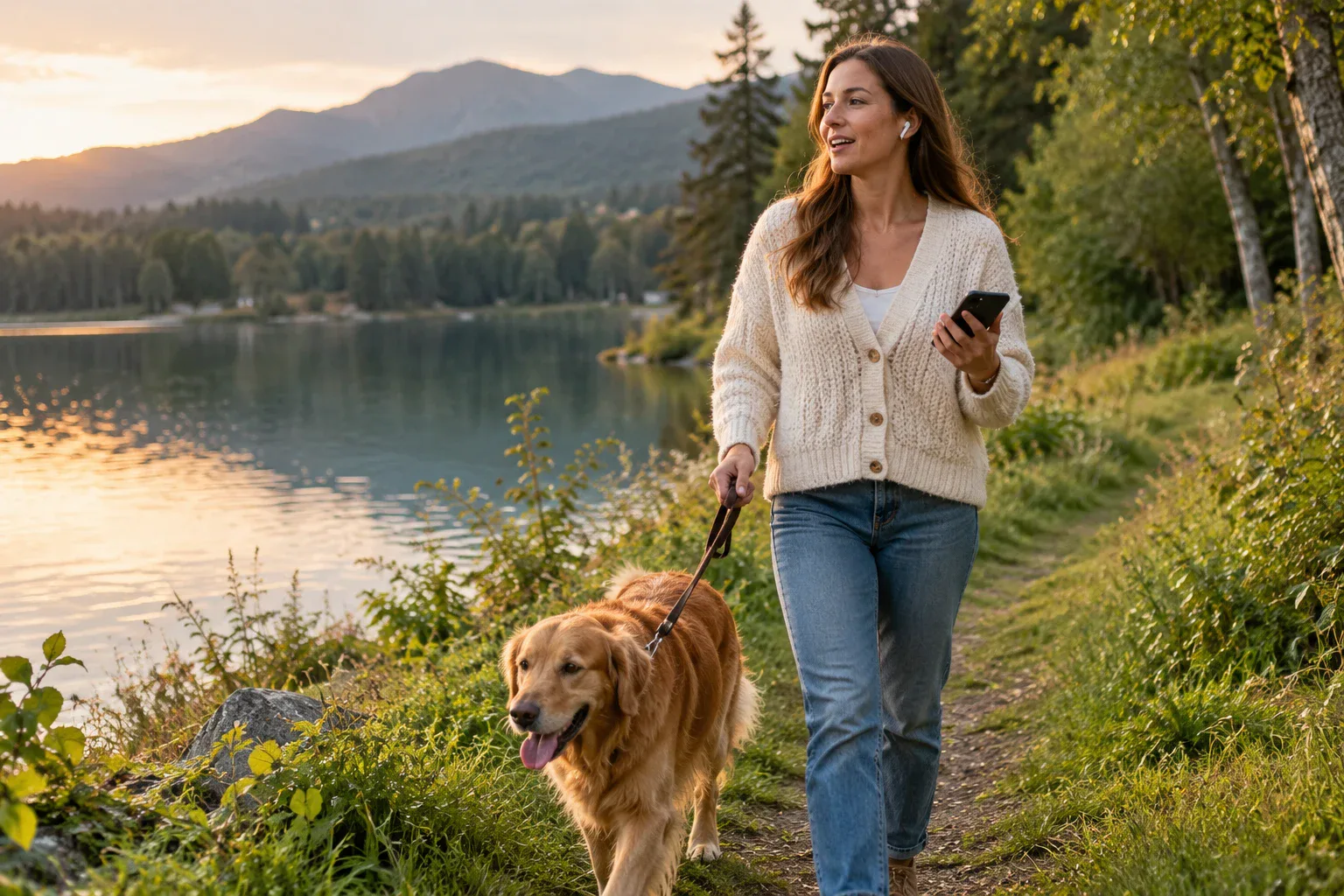 A woman walking with her golden retriever on a lakeside path.